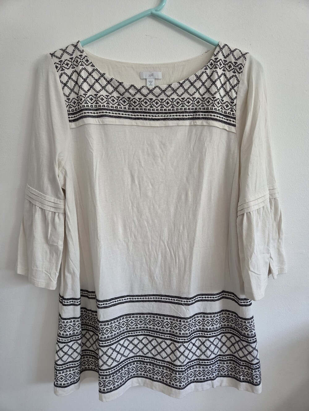 J. Jill Cream Tunic with Black Geometric Embroidery